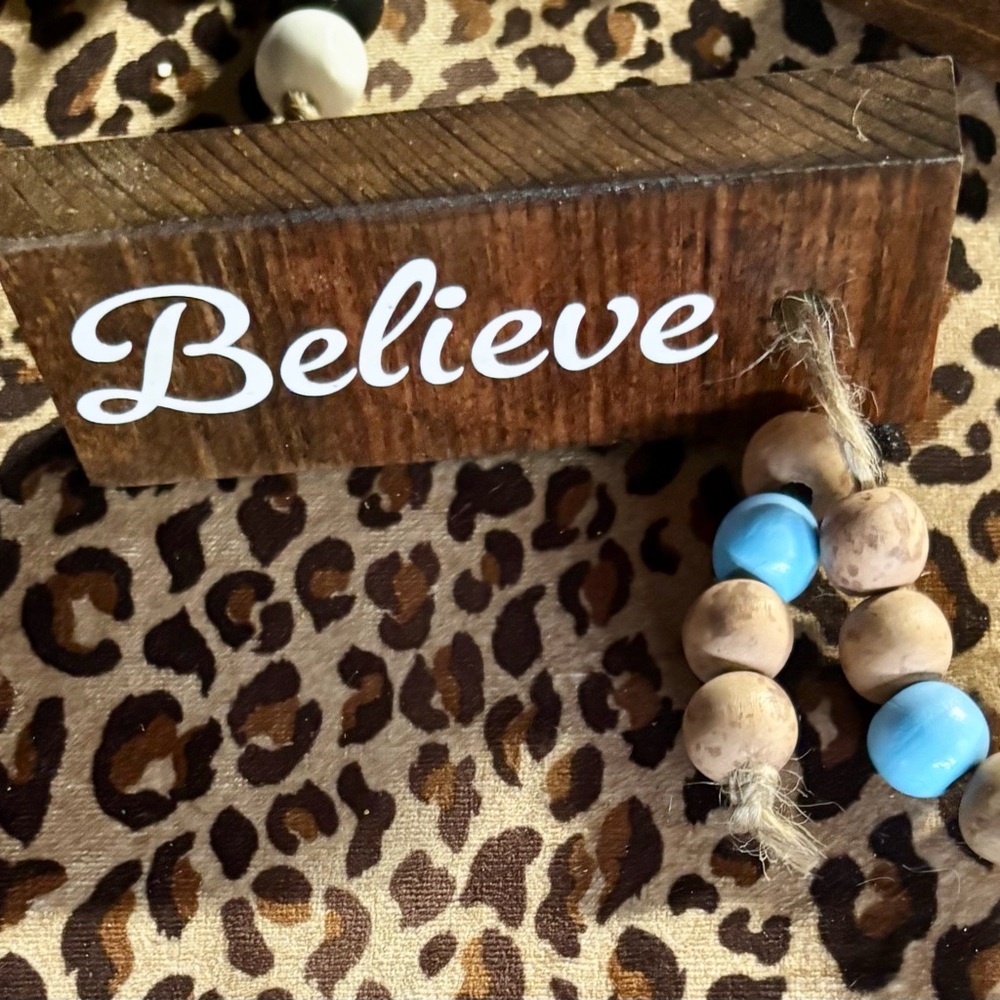 NWT….Rustic 'Believe' Wooden Sign with Beaded Accent shelf sitter